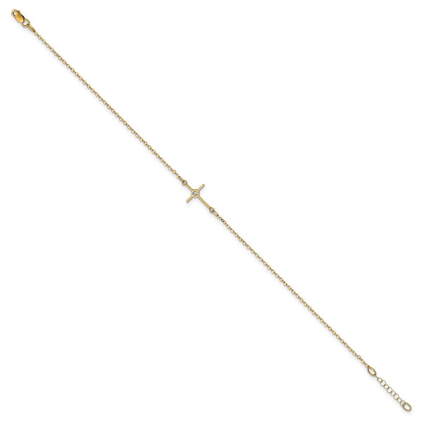 14KT Yellow Gold Cubic Zirconia 10" Lobster Clasp Cross Anklet