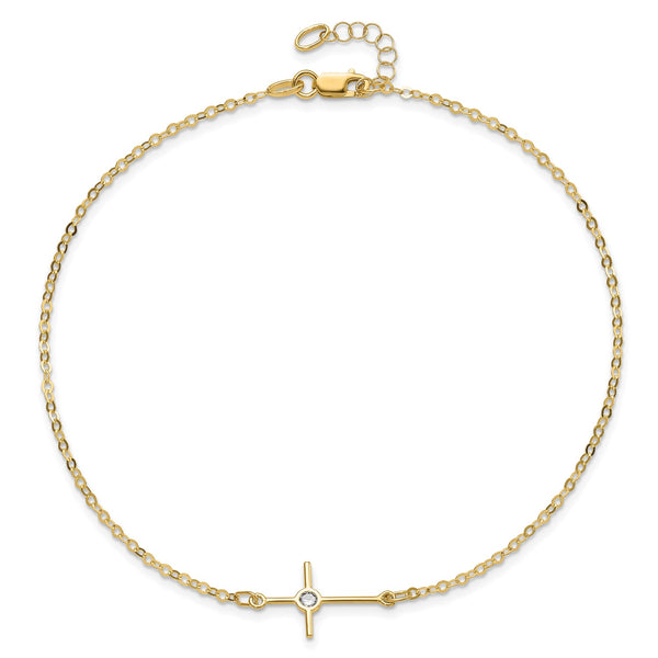 14KT Yellow Gold Cubic Zirconia 10" Lobster Clasp Cross Anklet