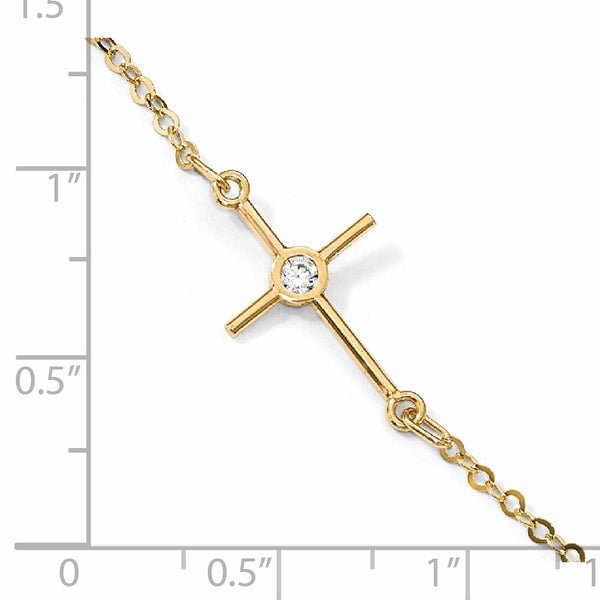 14KT Yellow Gold Cubic Zirconia 10" Lobster Clasp Cross Anklet