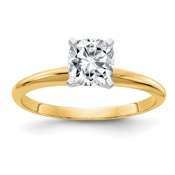 6MM Cushion Moissanite Solitaire Engagement Ring in 14KT Yellow Gold; Size 7